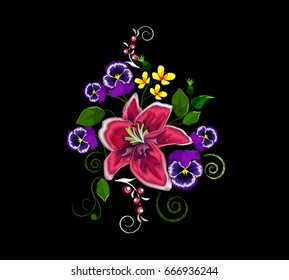 Embroidery pink lilies, flowers and violets for decoration. Vector fashion embroidered ornament on a black background for textile, fabric traditional folk decoration