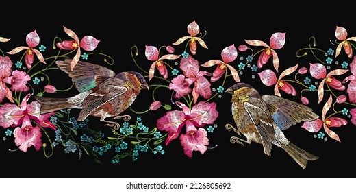 Embroidery pink orchid flowers and birds. Spring horizontal seamless pattern. Floral fashion template for clothes, textiles, t-shirt design 