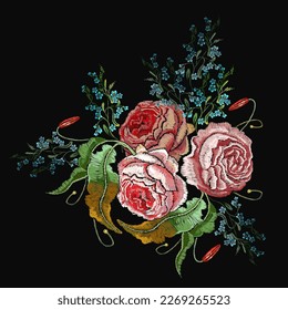 Embroidery pink poppies, meadow herbs and red roses. Beautiful bouquet of flowers. Summer garden art. Fashionable spring template for design of clothes, t-shirt design