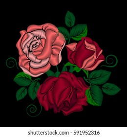 Embroidery pink and red roses. Flowers for your clothes or design. Stitches. Manifestations of ethnic ornament.
