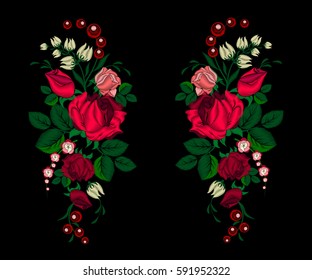 Embroidery pink and red roses. Flowers for your clothes or design. Stitches. Manifestations of ethnic ornament.