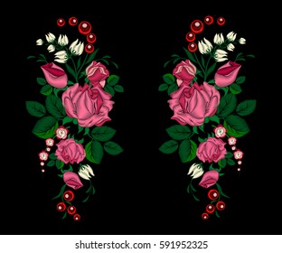 Embroidery pink and red roses. Flowers for your clothes or design. Stitches. Manifestations of ethnic ornament.