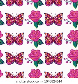 Embroidery pink rose and pink butterfly, insect patch. Fashion patches with summer wild nature illustration embroideries. Seamless pattern backdrop. Traditional art with insects on white background.