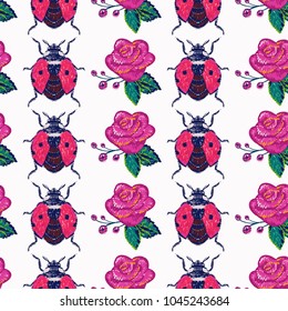 Embroidery pink rose and flying ladybag, insect patch. Fashion patches with summer wild nature illustration embroideries. Seamless pattern backdrop. Traditional art with insects on white background.