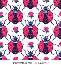 Embroidery pink rose and flying ladybag, insect patch. Fashion patches with summer wild nature illustration embroideries. Seamless pattern backdrop. Traditional art with insects on white background.