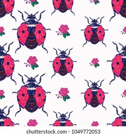 Embroidery pink rose and flying ladybag, insect patch. Fashion patches with summer wild nature illustration embroideries. Seamless pattern backdrop. Traditional art with insects on white background.