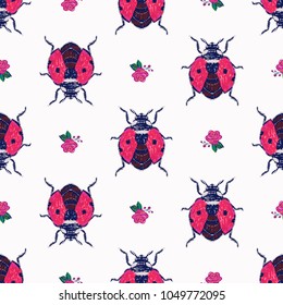 Embroidery pink rose and flying ladybag, insect patch. Fashion patches with summer wild nature illustration embroideries. Seamless pattern backdrop. Traditional art with insects on white background.