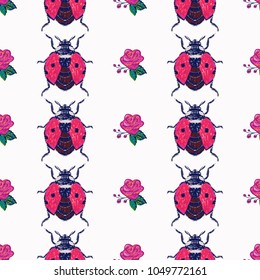 Embroidery pink rose and flying ladybag, insect patch. Fashion patches with summer wild nature illustration embroideries. Seamless pattern backdrop. Traditional art with insects on white background.