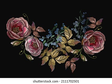 Embroidery pink roses and meadow herbs. Summer garden art. Fashionable template for design of clothes, t-shirt design