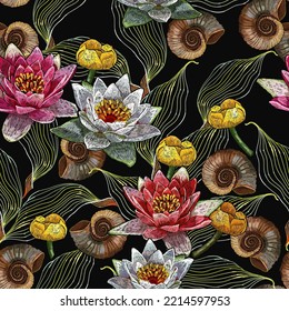 Embroidery pink and white lotuses and water lilies. Tropical art. Template for clothes. Fashion seamless pattern