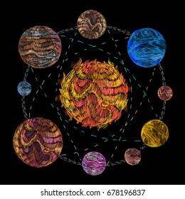 Embroidery  planets of solar system. Fashionable art embroidery solar system and planets in space fashionable clothes, t-shirt design, print 