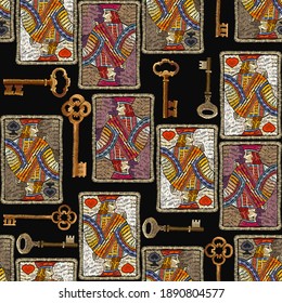 Embroidery playing cards and golden vintage keys, seamless pattern. Romantic template clothes, t-shirt design, textile design. Jacks, poker art. Symbol of casino gamblings 