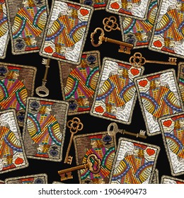 Embroidery playing cards and golden vintage keys, seamless pattern. Jacks, poker art. Symbol of casino gamblings. Romantic template clothes, t-shirt design, textile design 