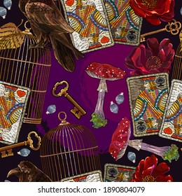 Embroidery playing cards, mushrooms, vintage keys, raven birds and golden cage. Seamless pattern. Poker art. Symbol of casino gamblings. Romantic template clothes, t-shirt design, textile design 