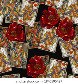 Embroidery playing cards and red roses flowers seamless pattern. Jacks, poker art. Symbol of casino gamblings. Romantic template clothes, t-shirt design, textile design 