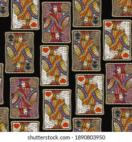 Embroidery playing cards seamless pattern. Jacks, poker art. Symbol of casino gamblings. Romantic template clothes, t-shirt design, textile design 