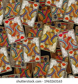 Embroidery playing cards seamless pattern. Jacks, poker art. Romantic template clothes, t-shirt design, textile design. Symbol of casino gamblings 