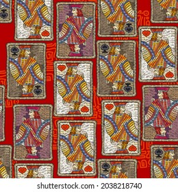 Embroidery playing cards seamless pattern. Symbol of casino gamblings. Jacks, poker art. Romantic template clothes, t-shirt design, textile design 