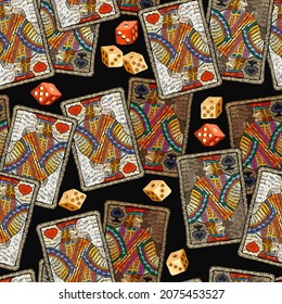 Embroidery playing cards seamless pattern. Symbol of casino gamblings. Jacks, poker art. Romantic template clothes, t-shirt design, textile design