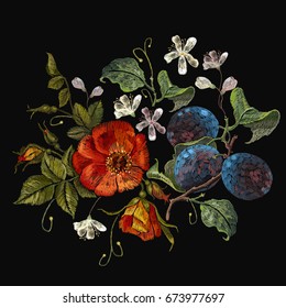 Embroidery plums and poppies cherry flowers seamless pattern. Classical embroidery red poppies and branch of plum on black background, template clothes, t-shirt design, print, renaissance style 