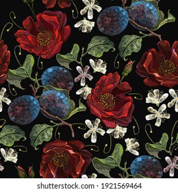 Embroidery plums, red roses and white cherry flowers, seamless pattern. Fashion template for clothes, t-shirt design, renaissance style. Summer garden background 