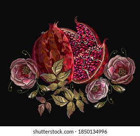 Embroidery pomegranate fruits and roses flowers. Embroidery, template clothes, t-shirt design, textile design 