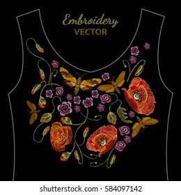 Embroidery, poppies and butterflies, t-shirt design. Beautiful floral embroidery in the classic style 