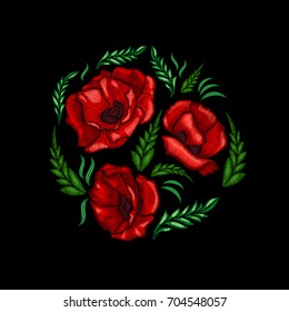 Embroidery poppies flowers. Patch for women's, girls' T-shirts. Vector illustration. Graphic tee.