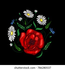 Embroidery poppies flowers. Patch for women's, girls' T-shirts. Vector illustration. EPS10