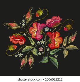 Embroidery poppies flowers t-shirt design. Template for clothes, textiles, t-shirt design. Beautiful red poppies flowers classical embroidery on black background