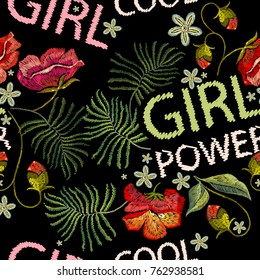 Embroidery Poppies Flowers T-shirt Design Seamless Pattern. Girl Power Slogan. Template For Clothes, Textiles, T-shirt Design