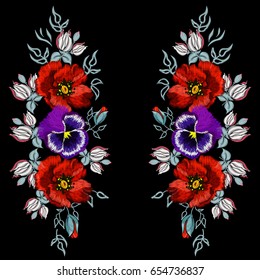 Embroidery of poppies and violets, pansies on a black background for your design clothes, bags. Vector illustration.