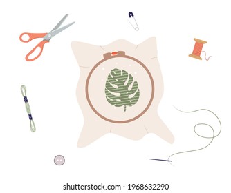 Embroidery process. Workshop, needlework, embroidery and knitting. Needle and thread. Balls of yarn. Top view of workplace. Tailor shop elements. Hand drawn vector illustration in flat cartoon style.