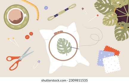 Embroidery process. Workshop, needlework and knitting. Needle and thread. Top view of the workplace. Tailor shop elements. Hand drawn vector illustration in flat cartoon style.