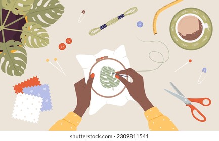 Embroidery process. Workshop, needlework and knitting. African female hands with needle and thread. Top view of the workplace. Tailor shop elements. Hand drawn vector illustration in cartoon style.