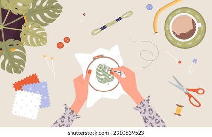 Embroidery process. Workshop, needlework and knitting. Female hands with needle and thread. Top view of the workplace. Tailor shop elements. Hand drawn vector illustration in flat cartoon style.