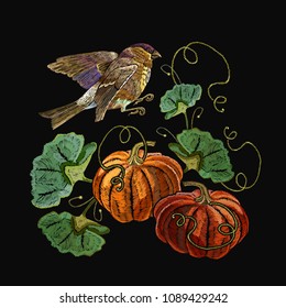 Embroidery pumpkin and bird seamless pattern. Template for clothes, t-shirt design. Orange pumpkin beautiful classical embroidery food pattern 