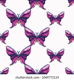 Embroidery purple butterfly, insect patch. Fashion patches with butterflies, summer wild nature illustration embroideries. Seamless pattern backdrop. Traditional art with insects on white background.