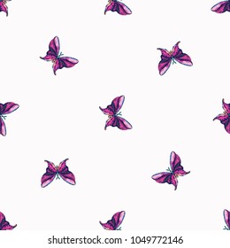 Embroidery purple butterfly, insect patch. Fashion patches with butterflies, summer wild nature illustration embroideries. Seamless pattern backdrop. Traditional art with insects on white background.
