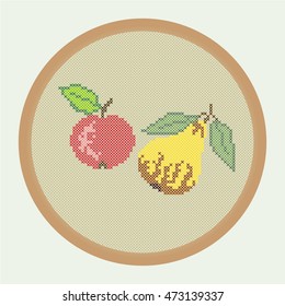 Embroidery red apple and yellow pear. Vector illustration: the apple and pear which is creed stitched in a round frame