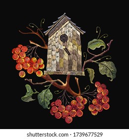 Embroidery red branches of a mountain ash berry and wooden bird house. Summer garden art. Fashionable template for design of clothes