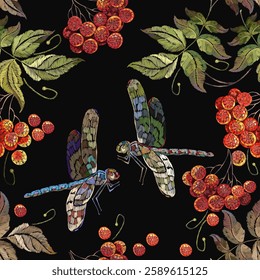 Embroidery red branches of a mountain ash berry and dragonflies. Fashionable template for design of clothes. Seamless pattern
