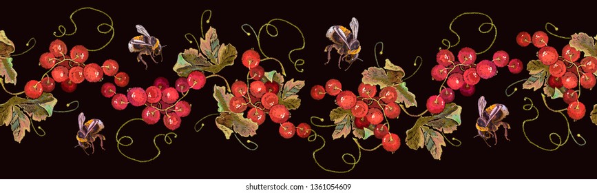 Embroidery red currant and bumble bee seamless pattern. Summer graphic art. Template fashionable clothes, t-shirt design 