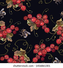 Embroidery red currant and bumble bee seamless pattern. Template fashionable clothes, t-shirt design. Summer art 