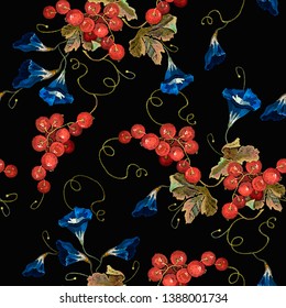 Embroidery red currant and violet flowers seamless pattern. Autumn garden template fashionable clothes, t-shirt design