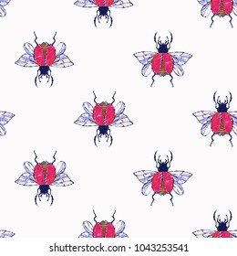 Embroidery red flying bug, insect patch. Fashion patches with summer wild nature illustration embroideries. Seamless pattern backdrop. Trendy traditional art with insects on white background.