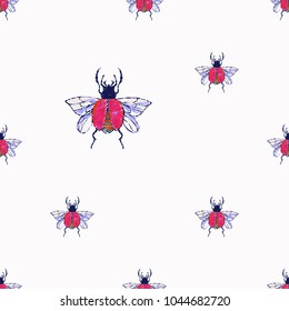 Embroidery red flying bug, insect patch. Fashion patches with summer wild nature illustration embroideries. Seamless pattern backdrop. Trendy traditional art with insects on white background.