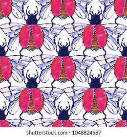 Embroidery red flying bug, insect patch. Fashion patches with summer wild nature illustration embroideries. Seamless pattern backdrop. Trendy traditional art with insects on white background.