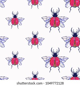 Embroidery red flying bug, insect patch. Fashion patches with summer wild nature illustration embroideries. Seamless pattern backdrop. Trendy traditional art with insects on white background.