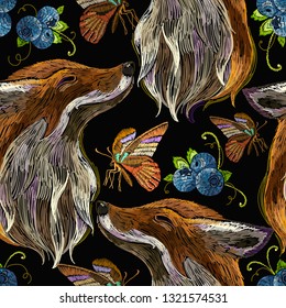 Embroidery red fox and butterfly seamless pattern. Fashion template for clothes, textiles, t-shirt design. Animals art